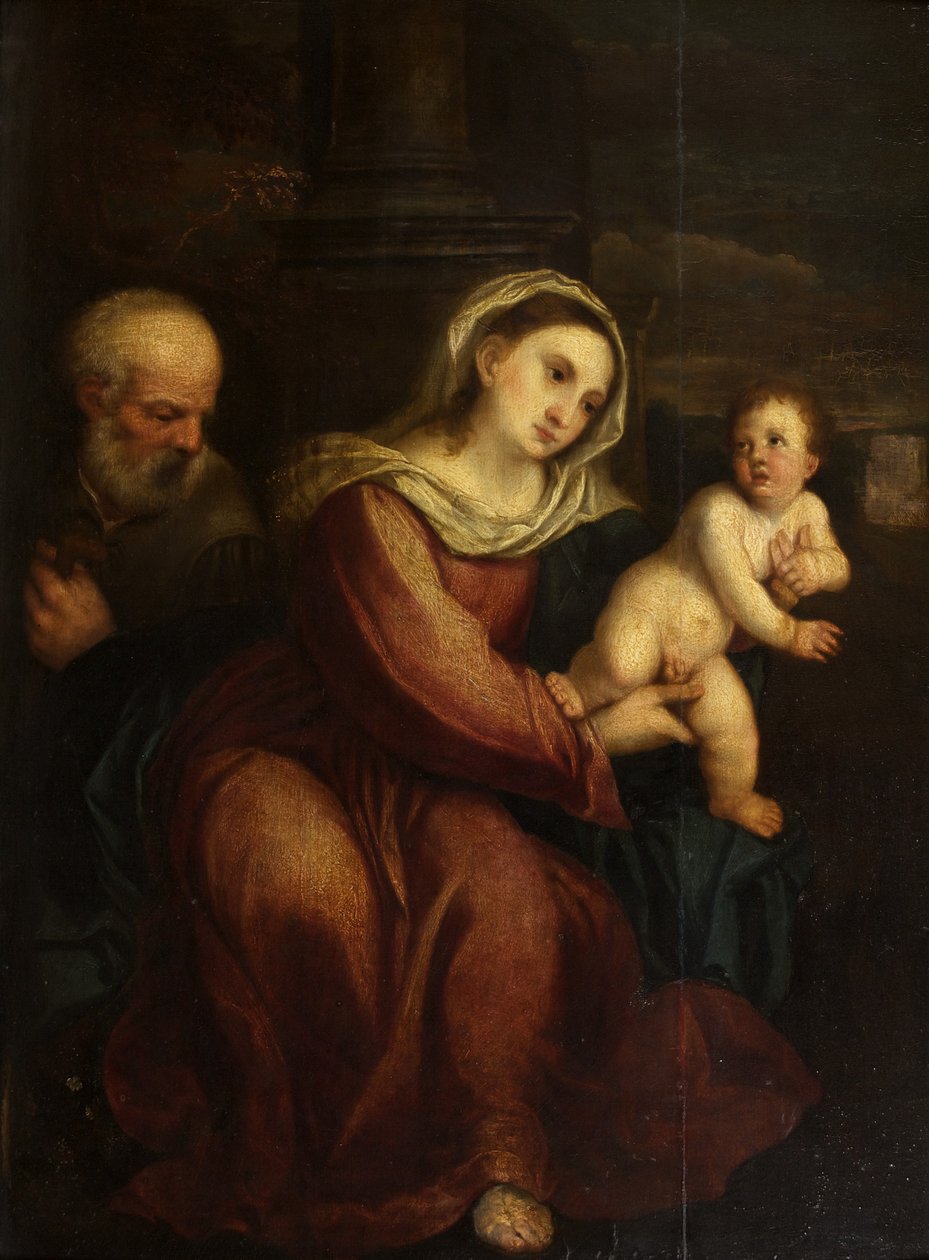 Den heliga familjen (olja på panel) av Italian School