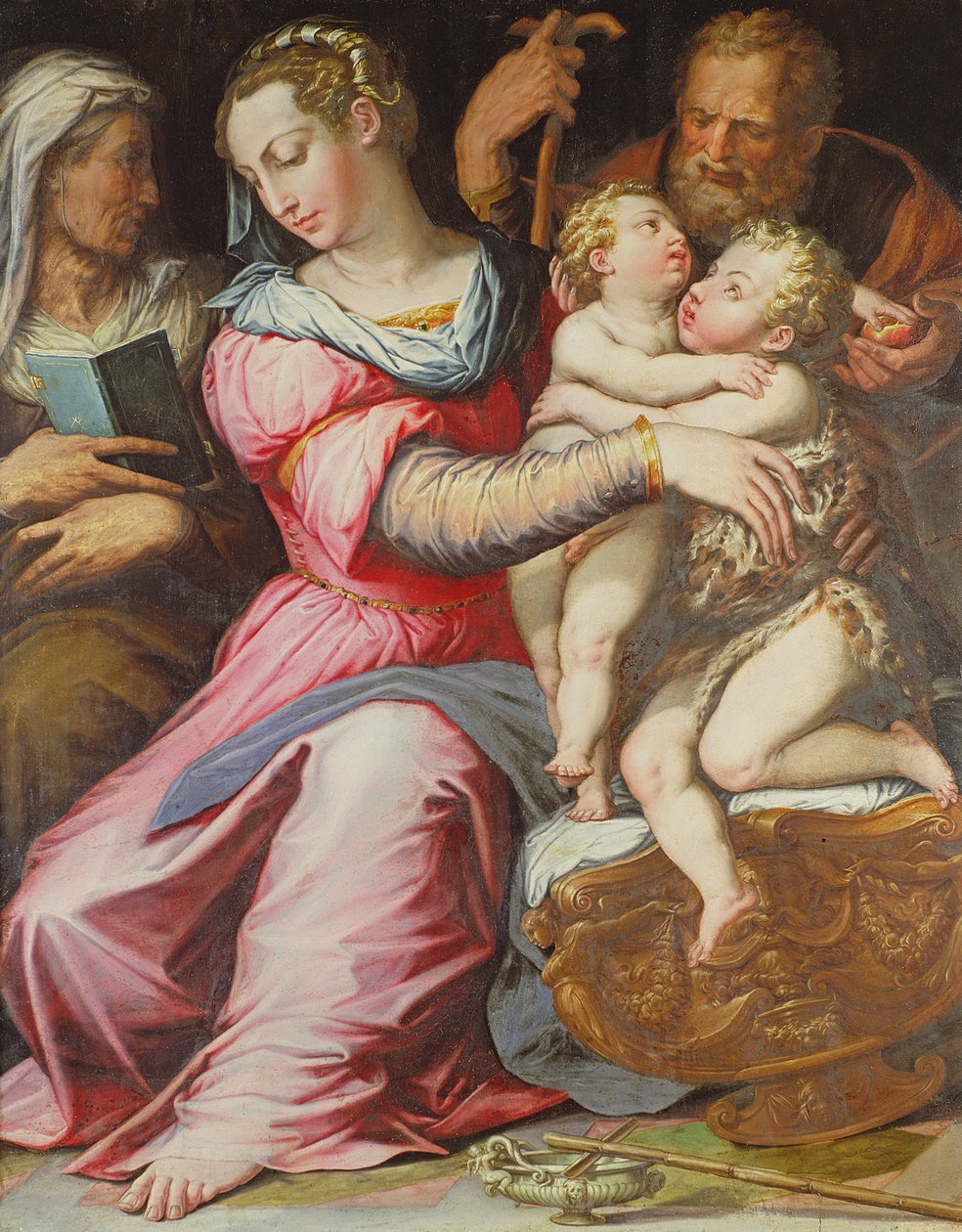 Den heliga familjen med spädbarnet Johannes Döparen (tempera på panelen) av Italian School