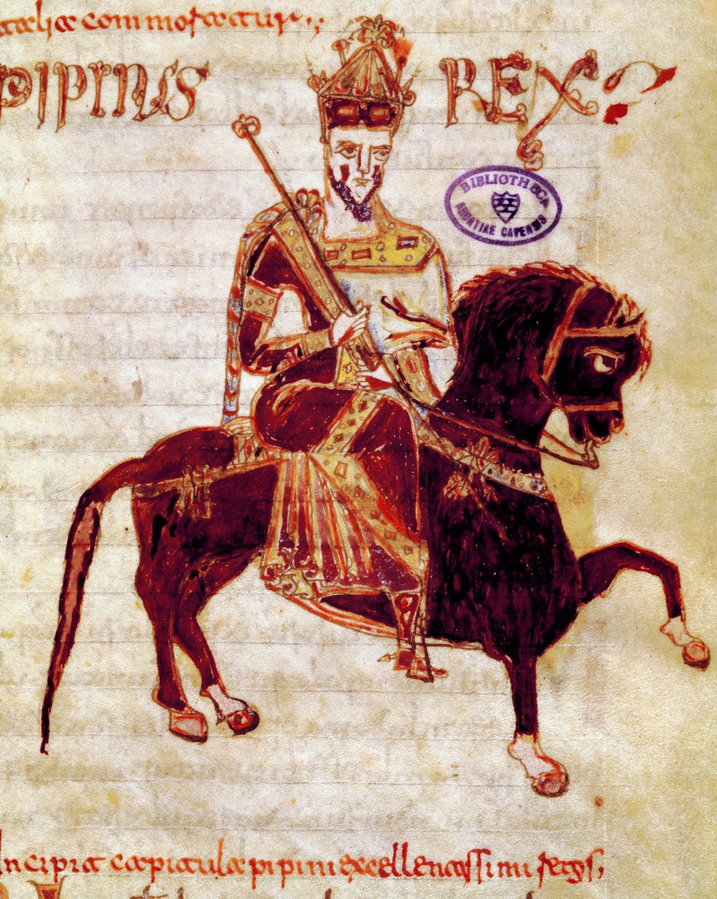 Frankernas kung Pepin den korta (715-768) Manuskriptsida (ms. 4) "" Codex Legum Longobardorum" (eller Langobardorum) som beskriver lagarna i det langobardiska kungariket upprättat av kung Rothari av Italian School
