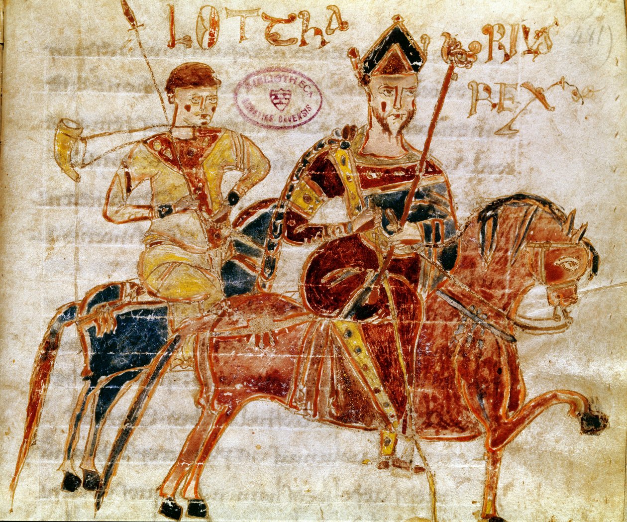 Frankernas kung och sedan Lotharia I (9:e århundradet) Miniatyr från "Codex Legum Longobardorum" (eller Langobardorum) som beskriver lagarna i det langobardiska riket etablerat av kung Rothari av Italian School