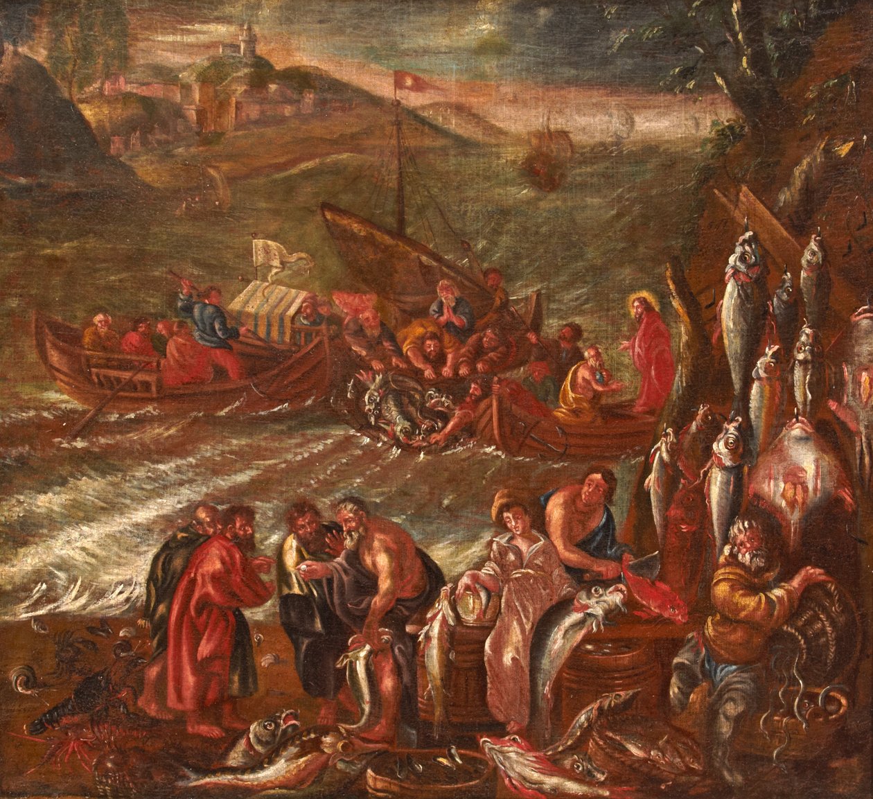 Galileens mirakel, den stora fiskfångsten av Italian School