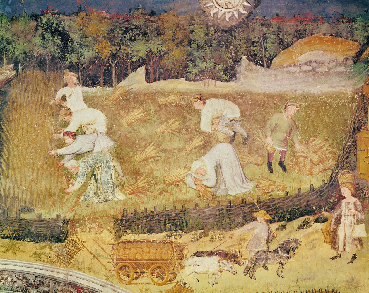 Augusti månad, detalj av skörden, c.1400 (fresk) av Italian School