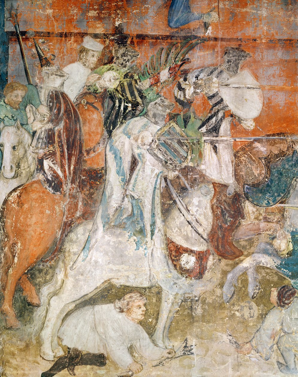 Februari månad, detalj av en riddare vid en turnering, c.1400 (fresk) av Italian School