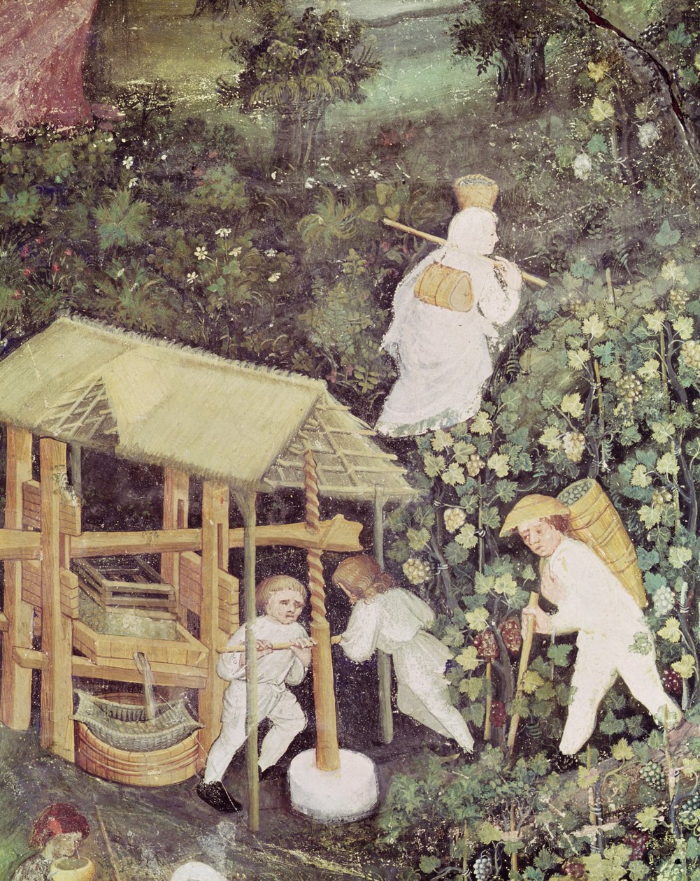 Oktober månad, detalj av druvplockare som pressar druvor, ca 1400 (fresk) av Italian School