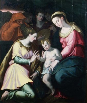 The Mystic Marriage of St. Catherine, c.1600 (panel) av Italian School
