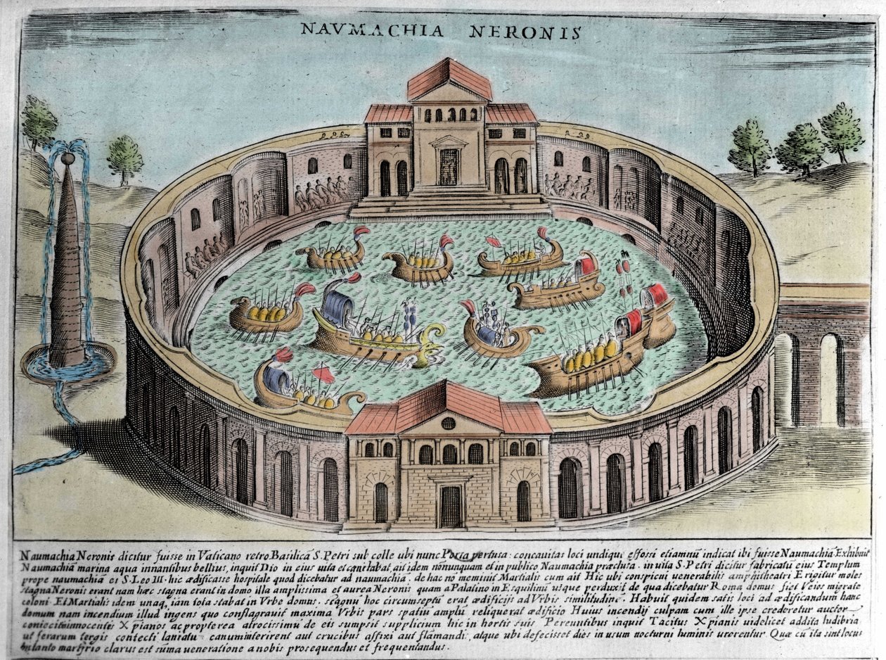 Naumachia av Neron, representation av ett sjöslag i Rom. Gravyr (1600-talet). av Italian School