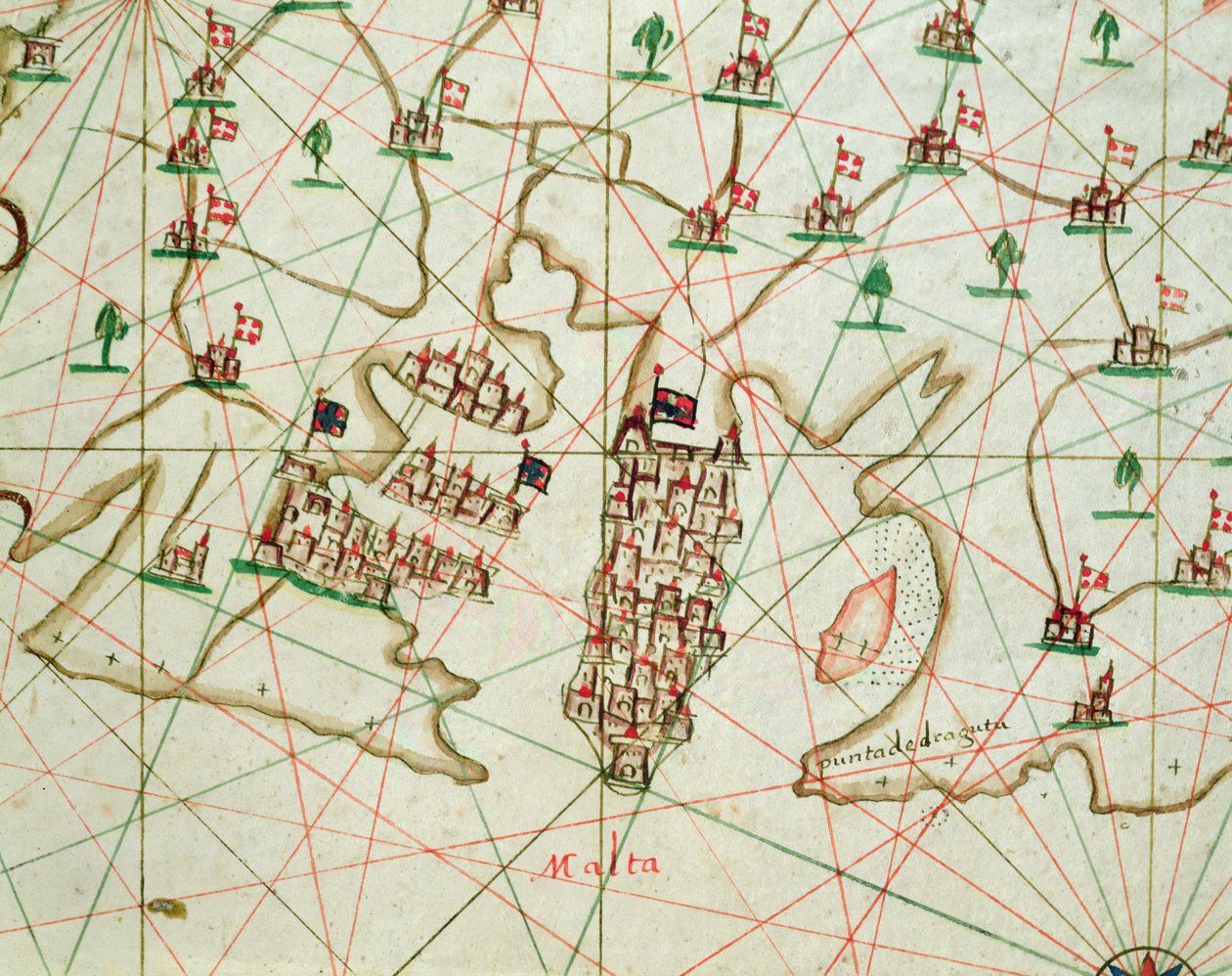 La Vallettas hamn, från en nautisk atlas, 1646 (bläck på veläng) (detalj från 330944) av Italian School