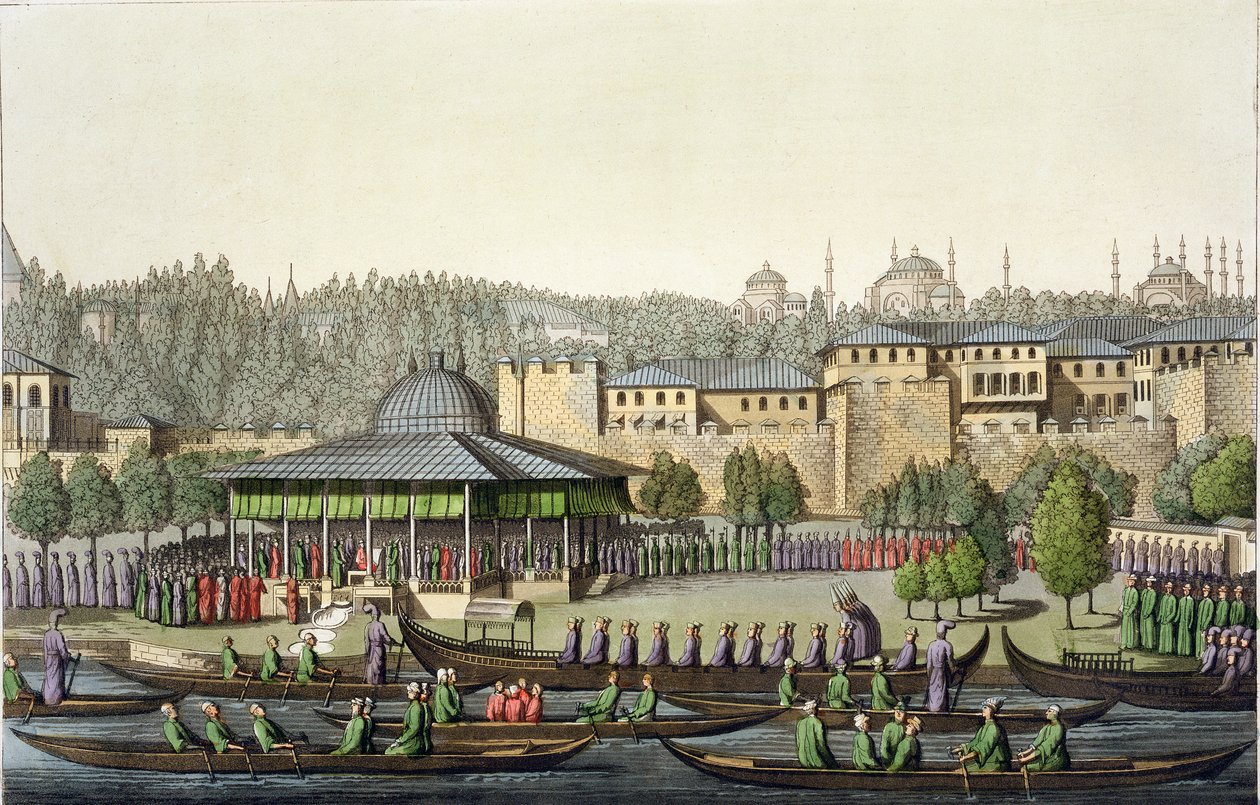 Presentationen av amiralen för sultanen, plåt 14 från del III, volym I av Nationernas historia, graverad av Giacomo Bussi, ca 1820 (akvatint) av Italian School