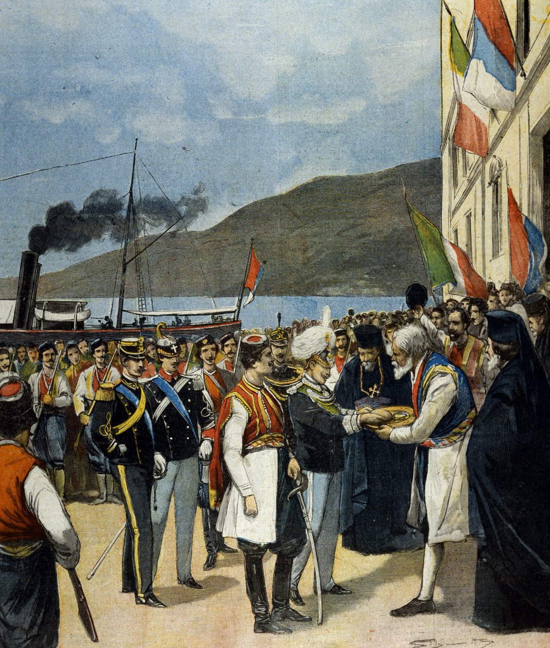 Prinsen av Neapel - då Victor Emmanuel III (Victor-Emmanuel) (Vittorio Emanuele) - tar enligt traditionen emot i Rijeka bröd och salt från familjen Helene de Montenegro. av Italian School