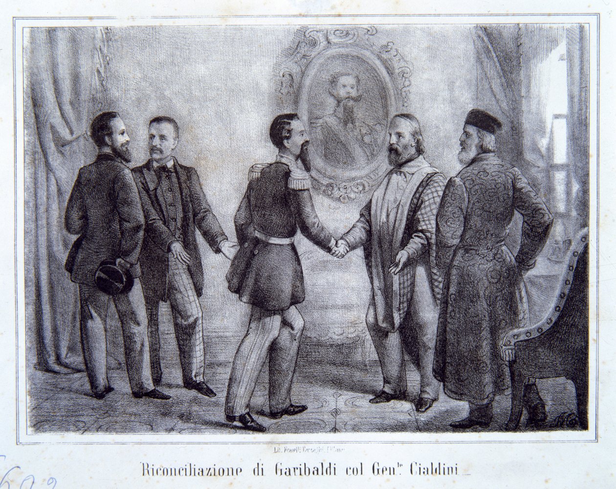 Garibaldis försoning med general Cialdini, illustration från Italiens historia av Italian School