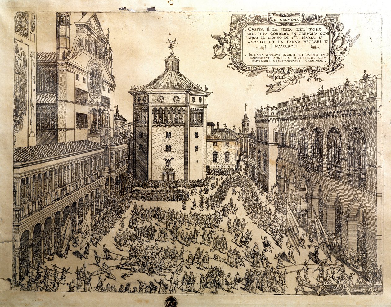 Oxens fest på det stora torget i Cremone (Cremona) i Italien. Gravyr av 1500-talet Cremona, Museo Civico Italien av Italian School