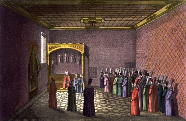 Sultanens tronrum, tavla 29 i del III, volym I av "Nationernas historia", graverad av Giacomo Bussi (akvatint) av Italian School