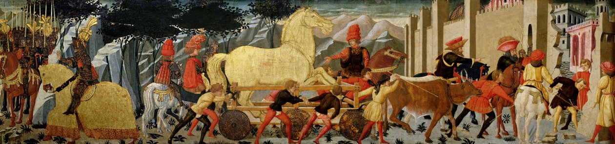 Den trojanska hästen (olja på panel) av Italian School