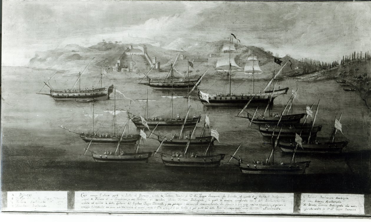 Den venetianska flottan ledd av kapten Ivanovich da Dabrota mot turkiska pirater vid Durazzo, 1756 av Italian School