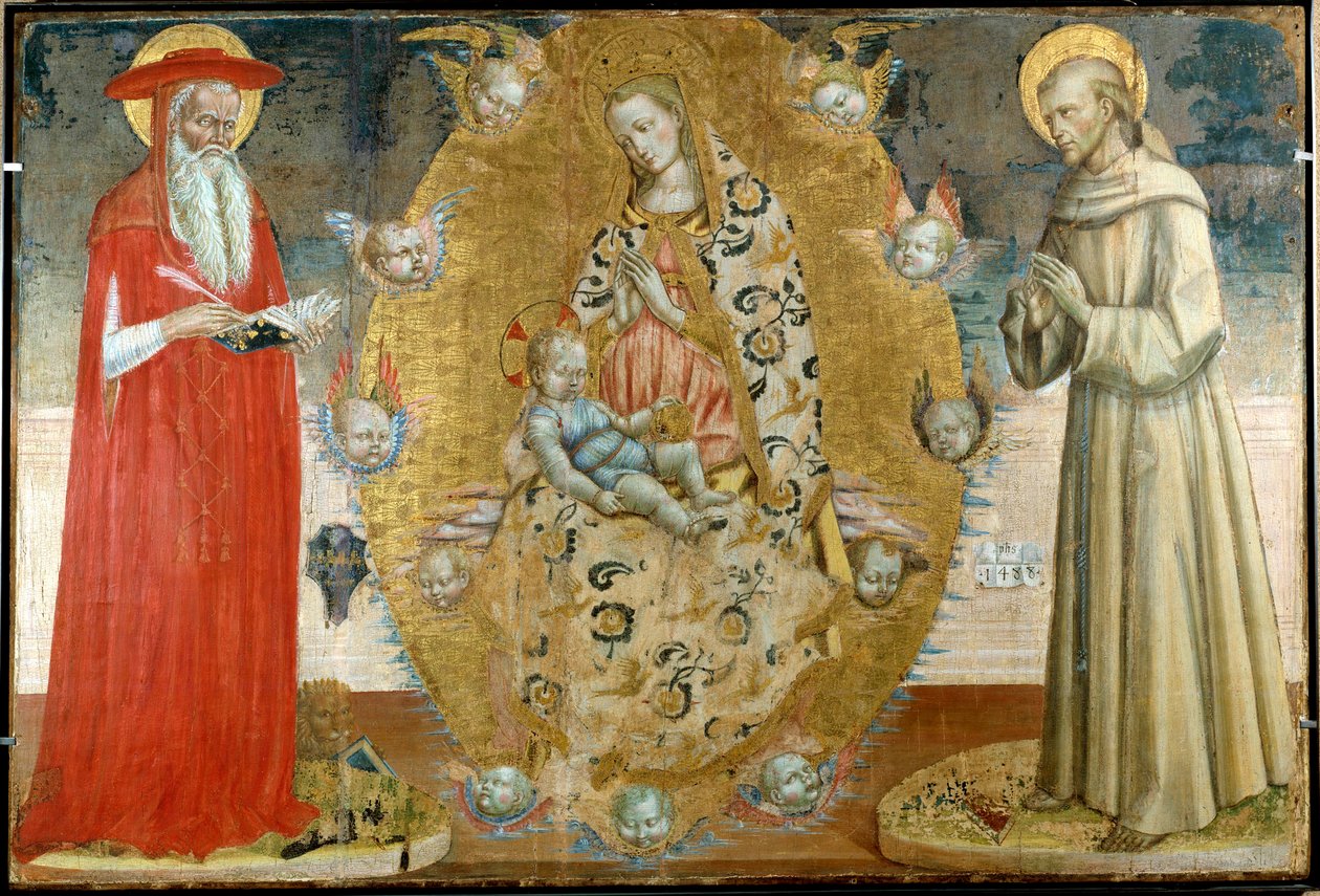 Jungfrun och barnet med Saint Francois och Saint Jerome Trämålning av den italienska skolan på 1300-talet. Musee du Peinture Palais, Avignon av Italian School
