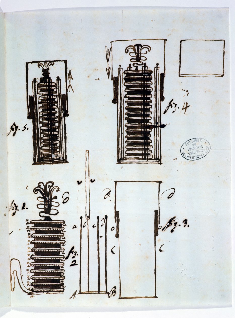 Den voltaiska högen (batteri). Ritning från ett brev från Alessandro Volta (1745-1827) till Dieudonne Dolomieu (1750-1801) om galvanism, 1801 (penna och bläck på papper) av Italian School