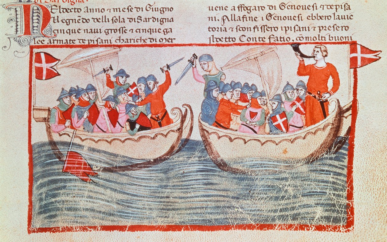 Slaget vid Meloria, miniatyr från New Chronicles av Giovanni Villani, Italien 1300-talet. av Italian School
