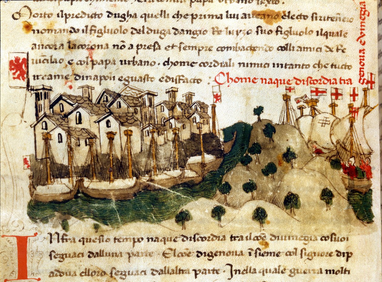 Början av Chioggia-kriget mellan Genua och Venedig. Chronicles of Sercambi. Riksarkivet, Lucca. av Italian School