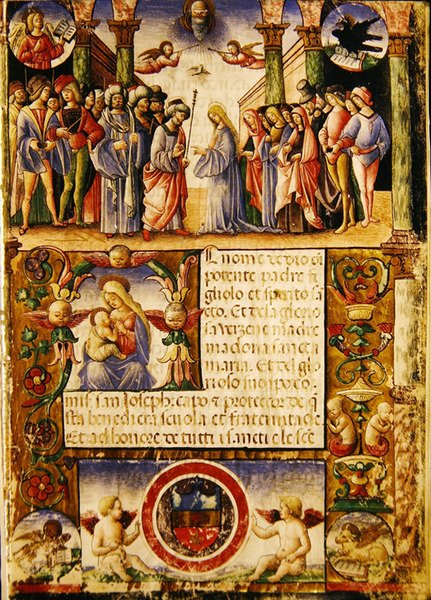 Jungfruns trolovning, från en Mariegola från lekmannagillet St. Joseph och St. Sylvester, 1315 (bläck på veläng) av Italian School