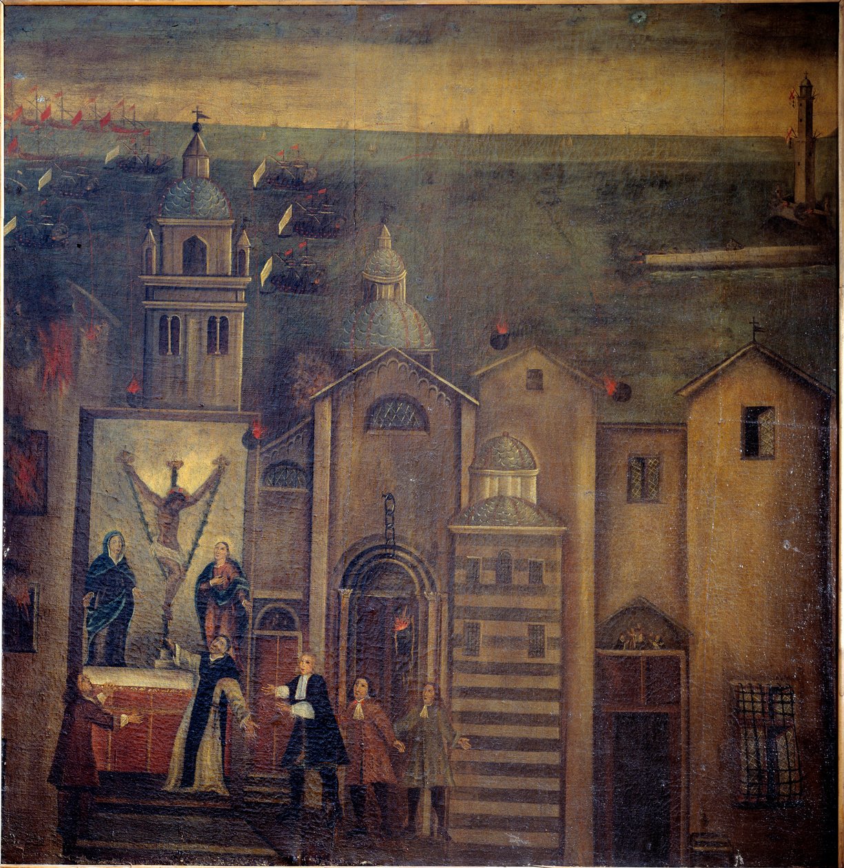 Kyrkan Santa Maria del Castello drabbades under bombningen av fransmännen 1684, Genua (olja på duk av Italian School