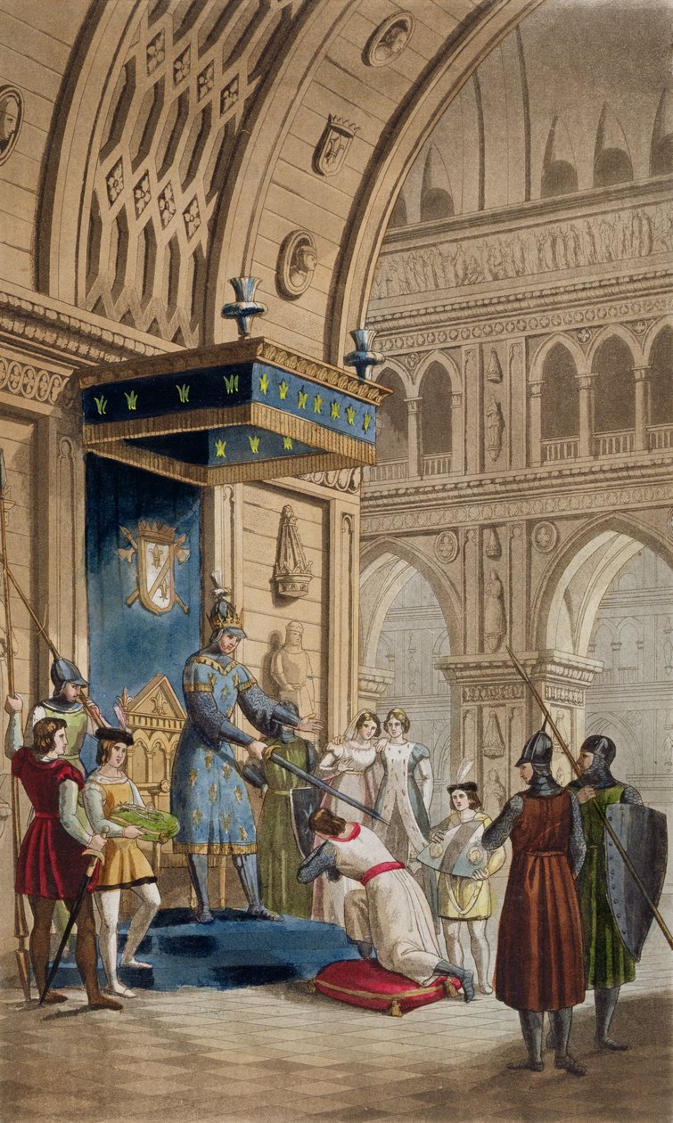 Skapandet av en tempelriddare, från ett manuskript av Romance of Lancelot of the Lake, publicerat ca 1820-30 av Italian School
