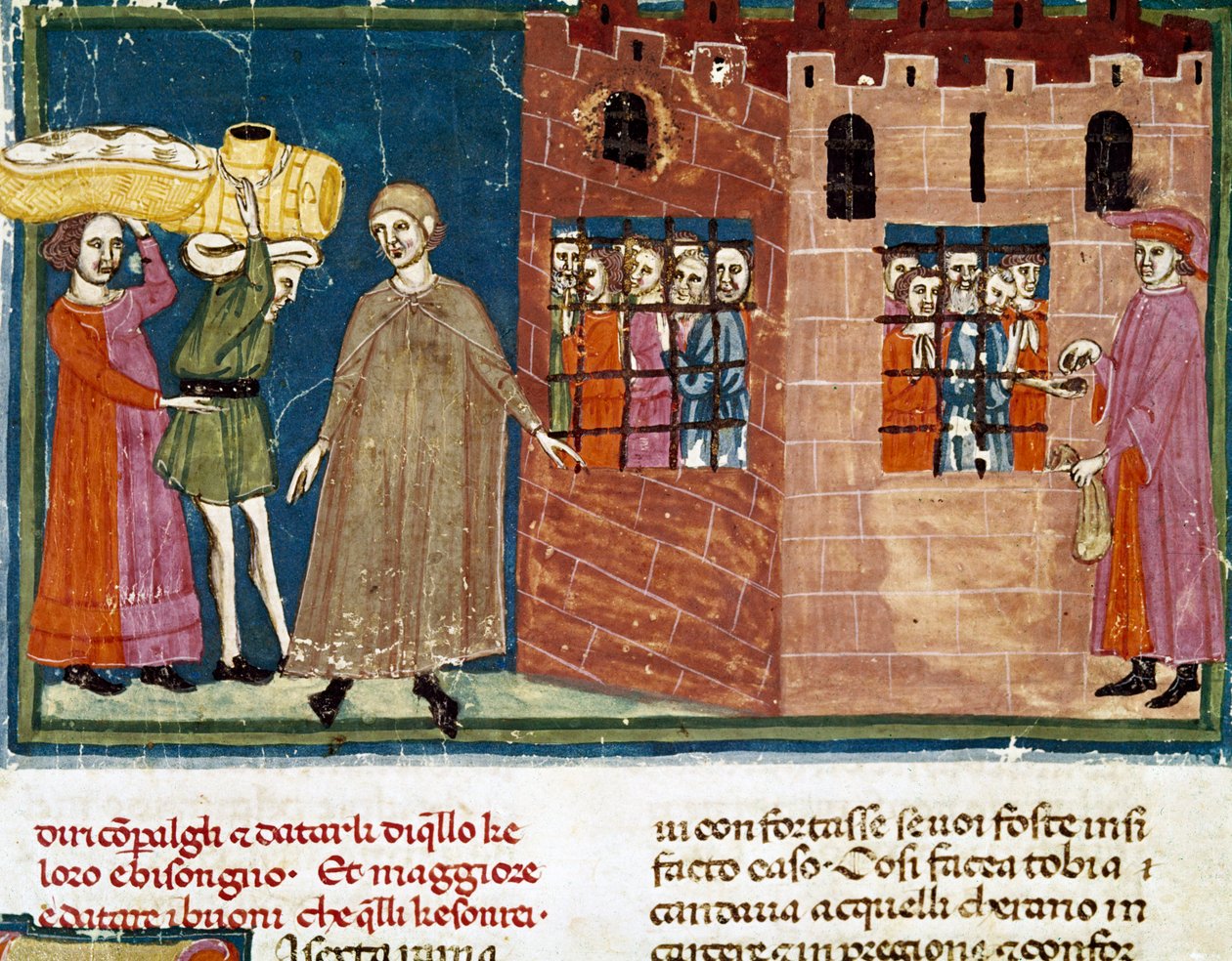 Utdelning av måltider till fångar Miniatyr av den florentinska skolan hämtad från en förlängningsupplaga av "Pater noster" av Ser Zucchero Bencivenni (MS.II.VI 16) i början av 1300-talet Florens, nationalbiblioteket av Italian School