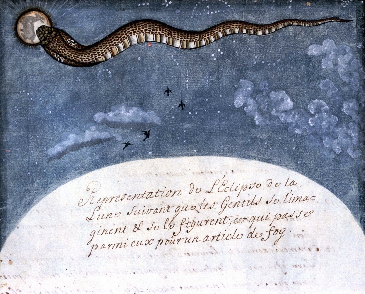 Månförmörkelsen föreställd av Mogol-indianerna (en orm som slukar månen) Sidan hämtad från manuskriptet (ms.8300) "History of Mogol" (Moghul eller Moghol) av Stefano Nivibus Cardeira. 1700-talet. Bibloteca marciana, Venedig av Italian School