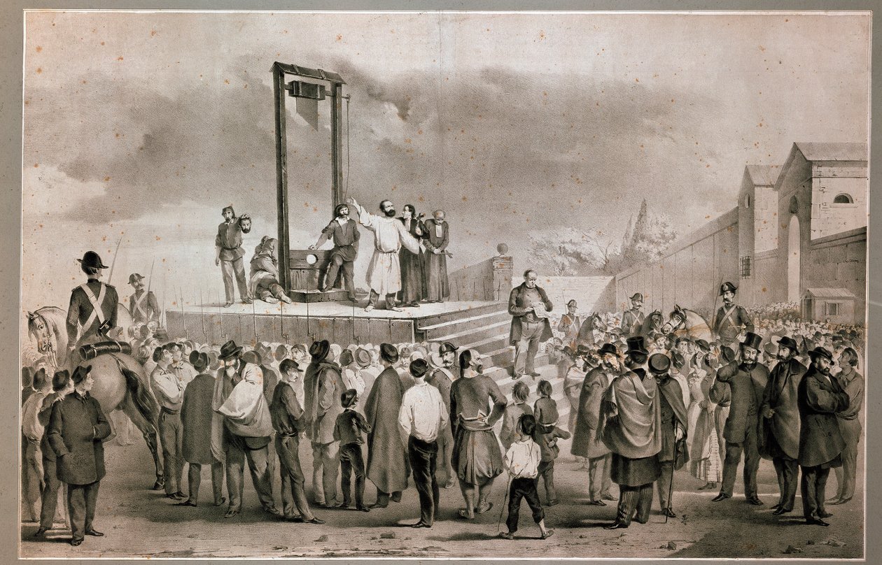 Avrättningen den 13/03/1858 av Felice Orsini (1819 - 1858) och Pieri som utförde attacken den 14 januari 1858 mot Napoleon III på Place de la Roquette i Paris Litografi från slutet av 1800-talet. Milan Museo del Risorgimento av Italian School