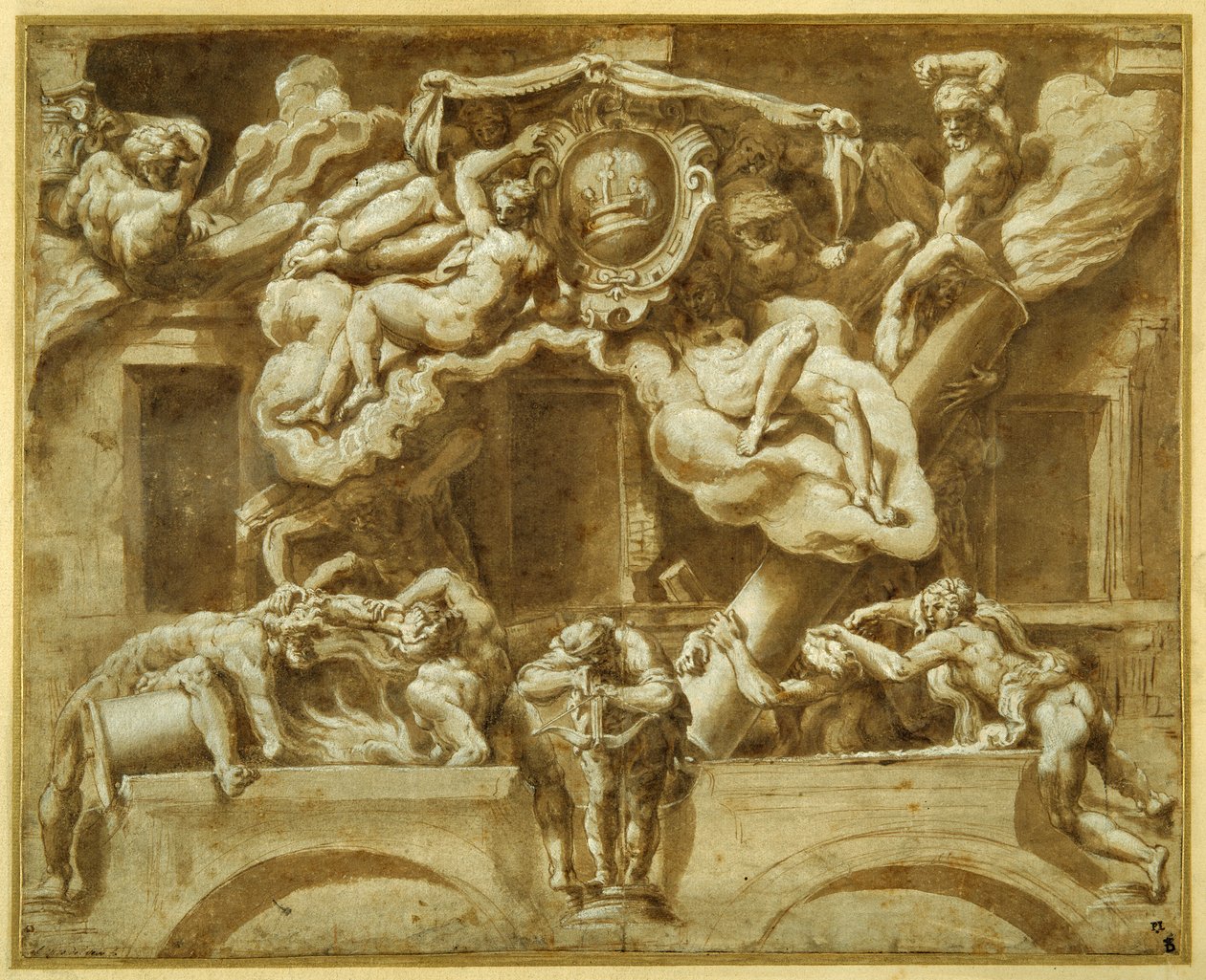 Fasaden på Casa Orsi, efter Lelio Orsi (penna & brunt bläck med brun tvätt och höjning) av Italian School