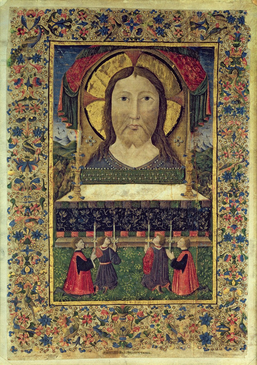 De fyra vakterna i Arciconfraternita del SS. Salvatore knäböjer inför Kristi ansikte (vellum) av Italian School
