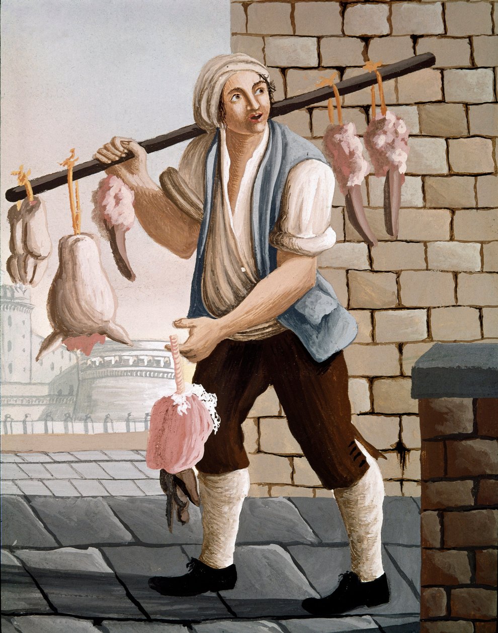 Den ambulerande slaktaren som säljer akvarellhuvuden av kalvkött från 1800-talet - Neapel Museo Nazionale di San Martino av Italian School