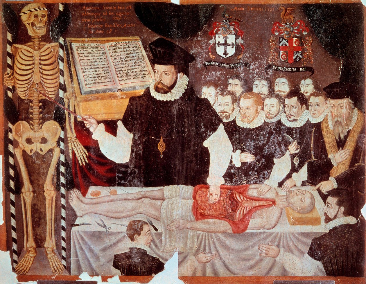 Föreläsningen om anatomi som hölls av John Banister (1533-1610) i Barber Surgeons Hall 1548 Frontispice-målning av "" De re anatonomica" av Matteo Realdo Colombo (Renaldus Columbus) (1516-1559) 1580. Paris, B.N. - John Banister (1533-1610) ger en ana av Italian School