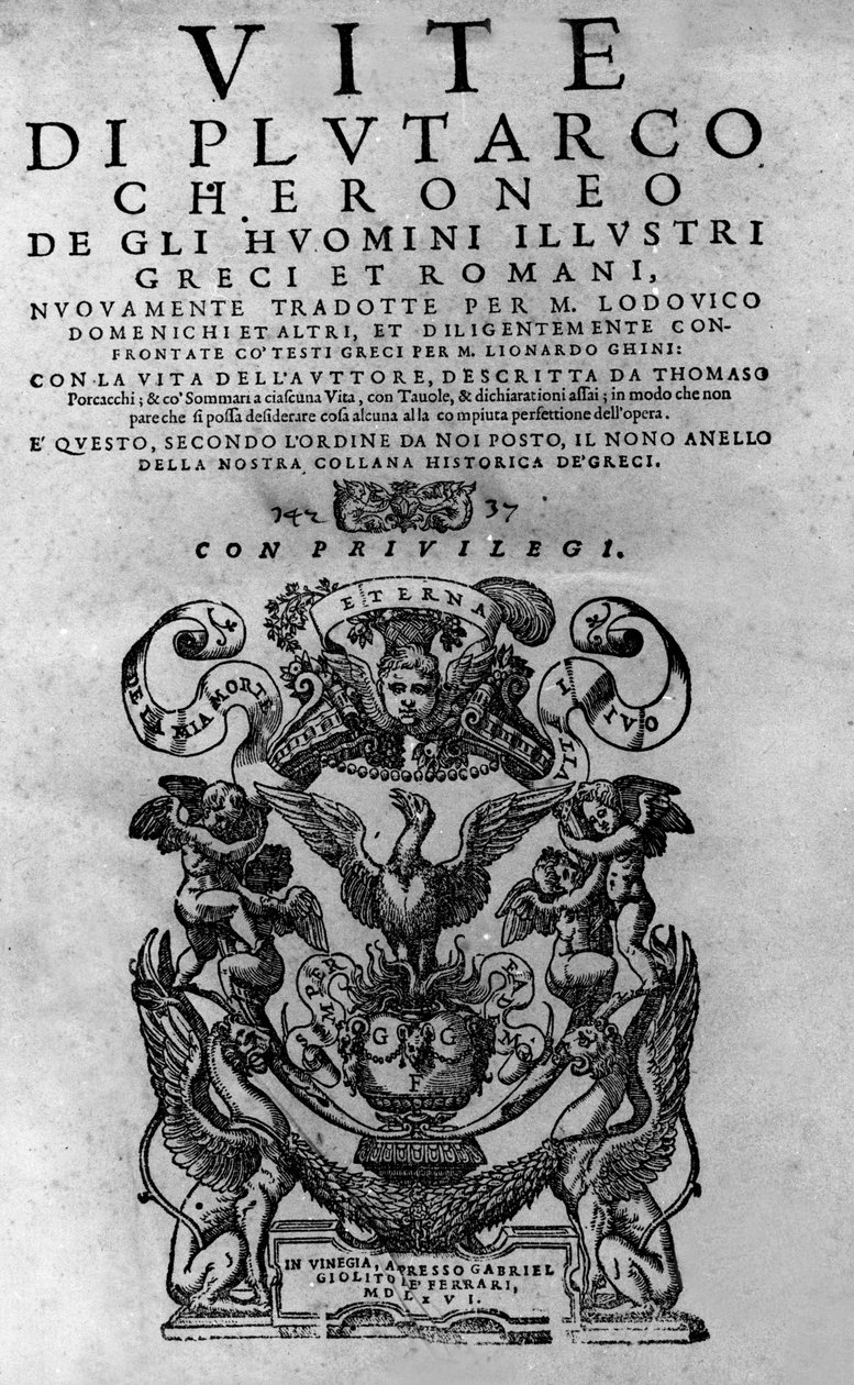 Berömda mäns liv. Frontispice av Plutarch di Cheronees bok, även kallad "Paralleles Lives"". Venetiansk upplaga 1561. av Italian School