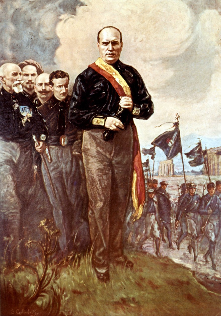Marschen mot Rom: Benito Mussolini går mot Rom omges av svartskjortor den 28/10/1922 efter den (försvunna) målningen av S.Galimberti. av Italian School
