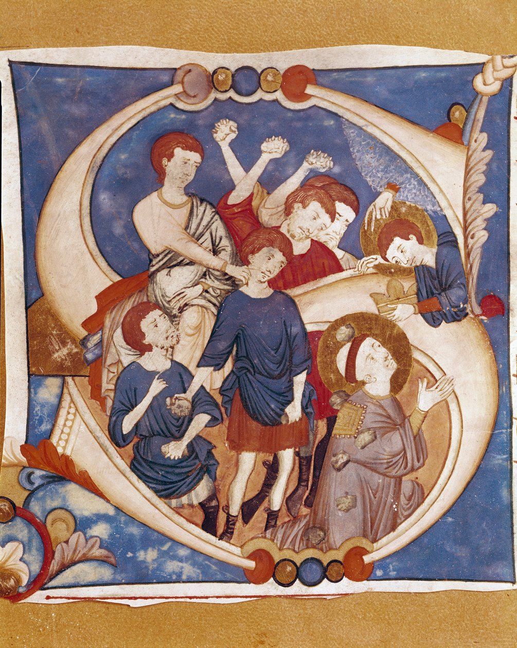 St. Stefans martyr (Stephane, Stefano) Stenandet av den första kristna martyren på 1000-talet. Upplyst bokstav av ett manuskript från Umbriens skola. 1300-talet. Citta di Castello, Biblioteca Civica av Italian School