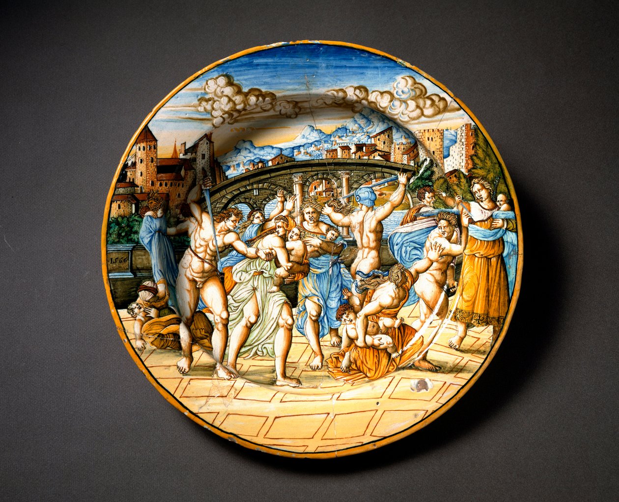 Massakern på de oskyldiga. Keramisk platta tillverkad i Urbino i verkstaden Fontana, Italien. 1566 runt Florens, Museo Nazionale del Bargello av Italian School