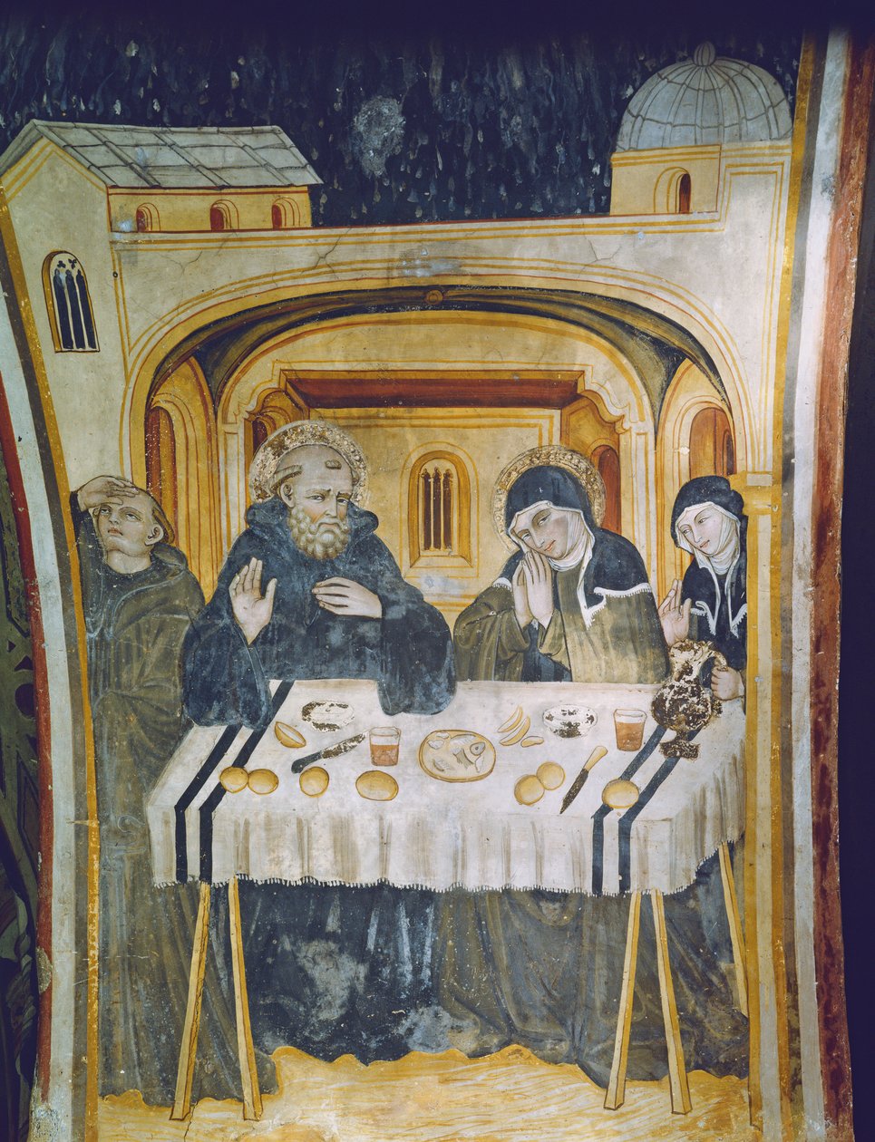 Regnets mirakel efter ingripandet av St. Scholastica under måltiden med hennes bror, St. Benedict av Italian School