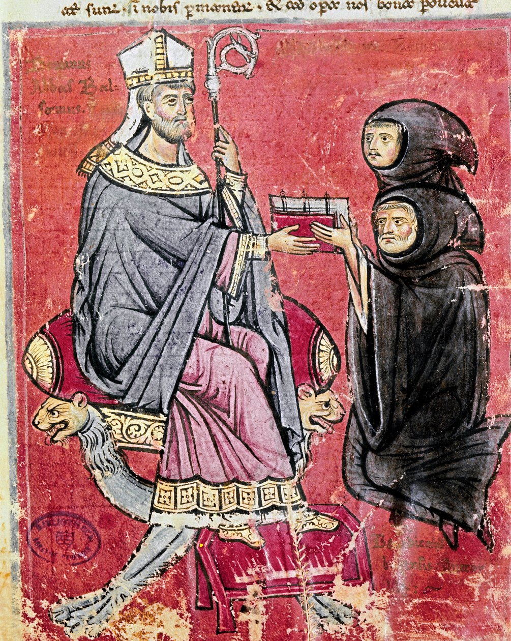 Munken Benedetto da Bari (som representerar unga och gamla för att indikera att skrivandet av hans arbete har sysselsatt hela hans liv) överlämnade till abbeden Balsamo (1200-talet), ledare för benediktinerklostret Cava de Tirreni, sin kodex De Septem Sigi av Italian School