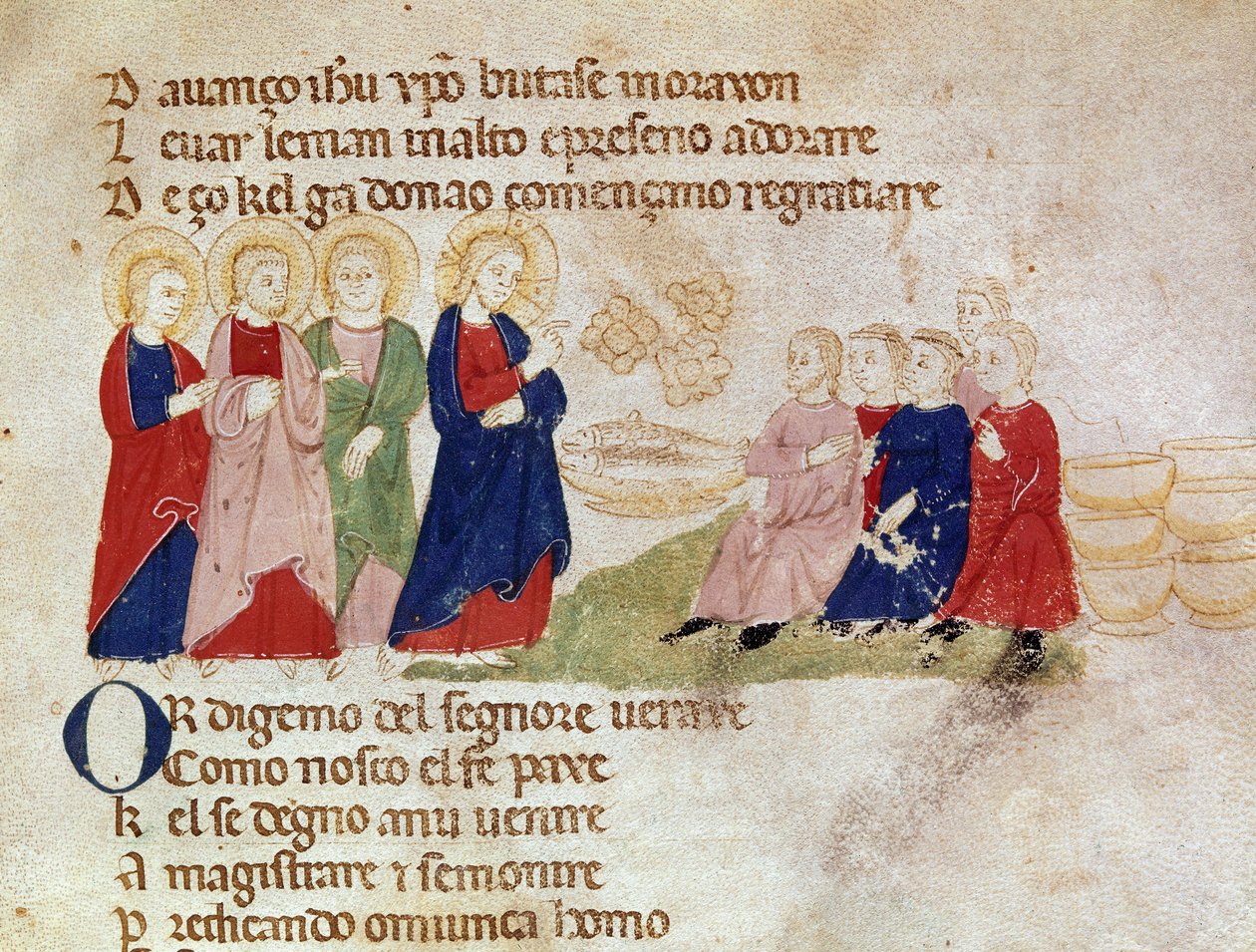 Multiplikationen av bröd och fisk Miniatyr hämtad från "" Del novo e del vedre testamento"" av Pietro da Barsegape (1200-talet) 1300-talet Milano, Biblioteca Braidense av Italian School