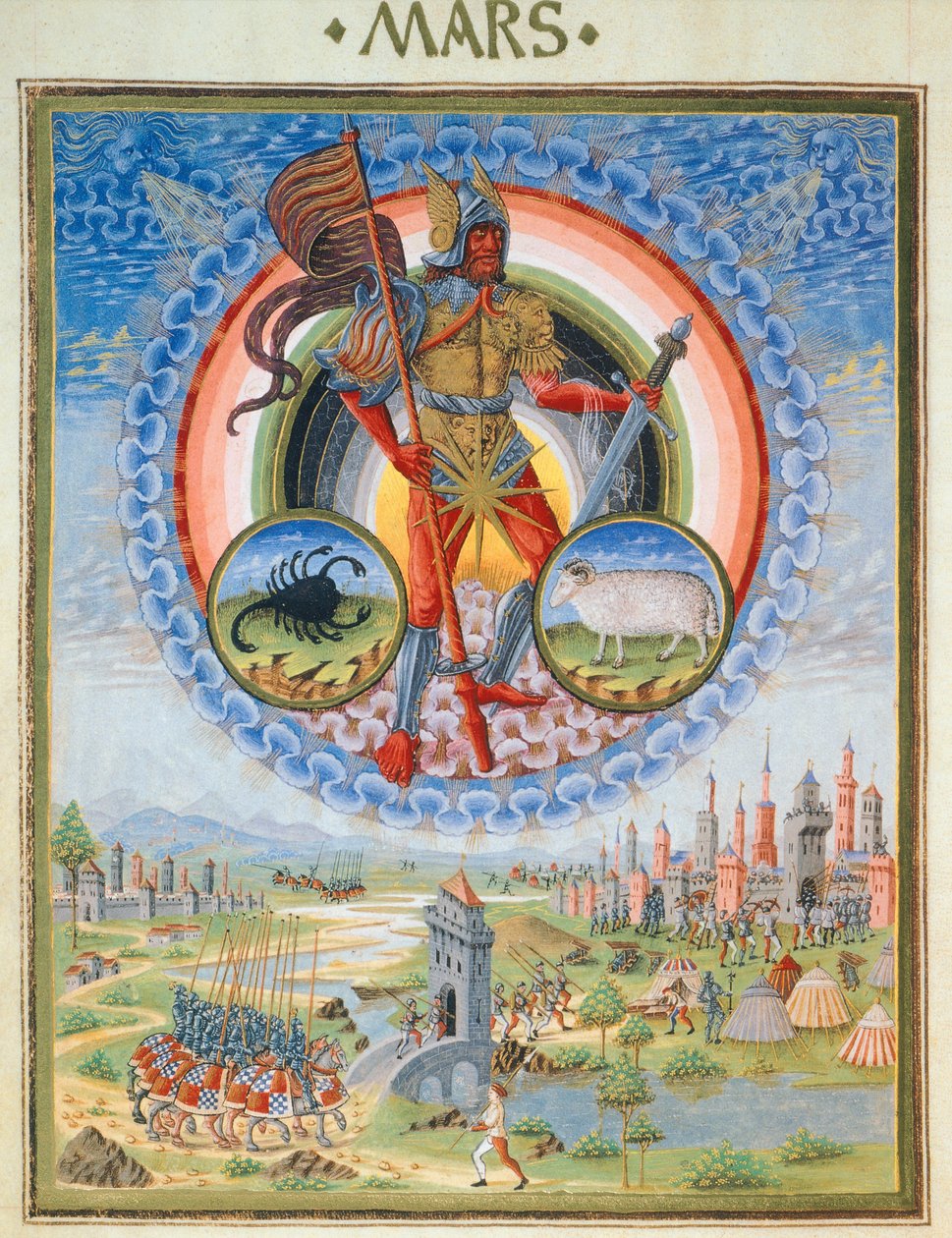 Planeten Mars och ett slott under belägring, illustration från 