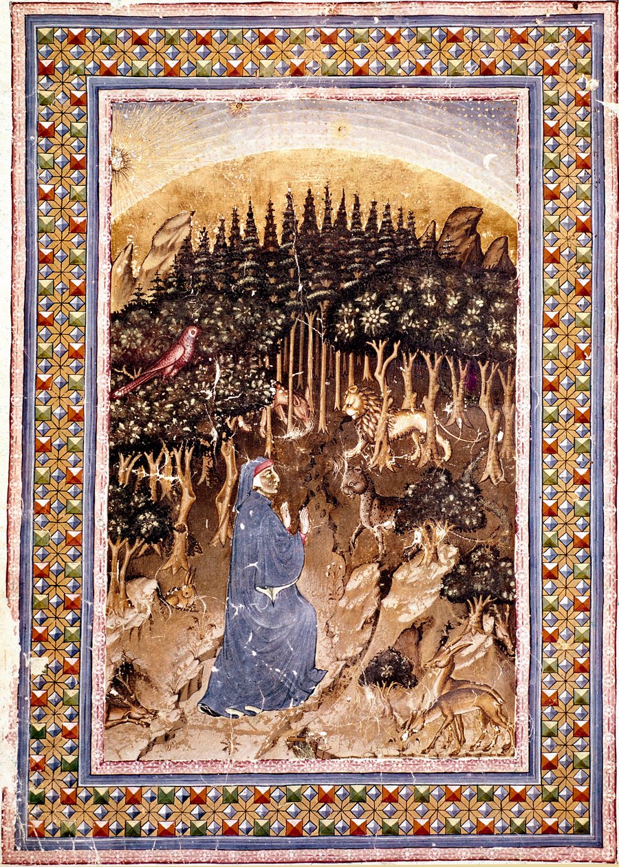 Poeten Dante befinner sig i en mörk skog. Den upplysta sidan av den första helvetets sång kommer från "Divina Commedia" (gudomlig komedi) av Dante Alighieri (1265-1321). Manuskript Ms. Conv. Soppr. 204 av Italian School