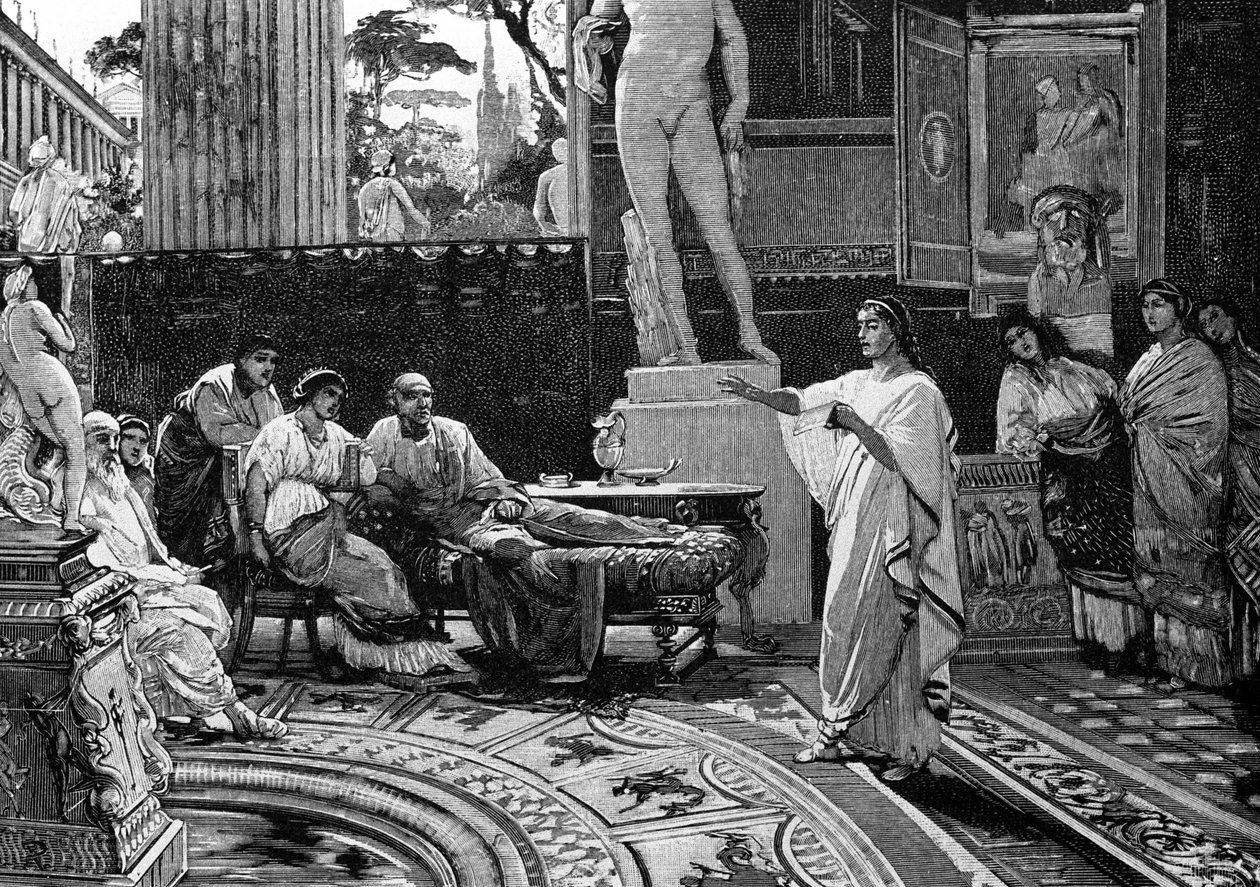 Poeten Vergilius (70 f.Kr. - 19 f.Kr.) gör anspråk på "Aeneiden" för den romerske riddaren Mechaen. Illustration av Francesco Pogliaghi, "" Storia d