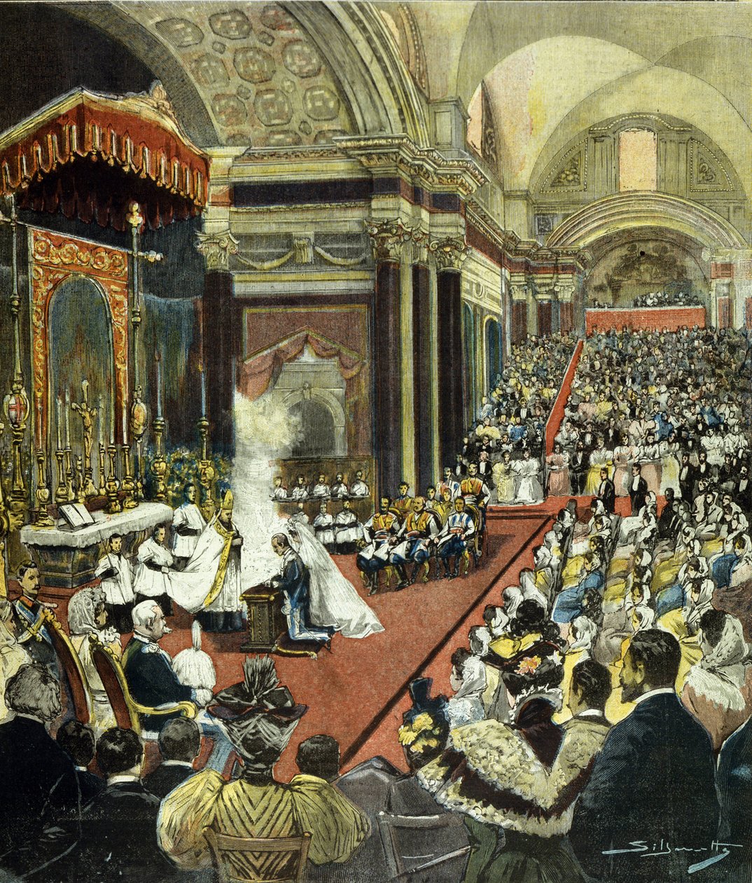 Det religiösa äktenskapet mellan den som kommer att bli kung Victor Emmanuel III (Victor-Emmanuel) (Vittorio Emanuele) med prinsessan Helene av Montenegro i kyrkan Santa Maria degli Angeli i Rom 1896. av Italian School