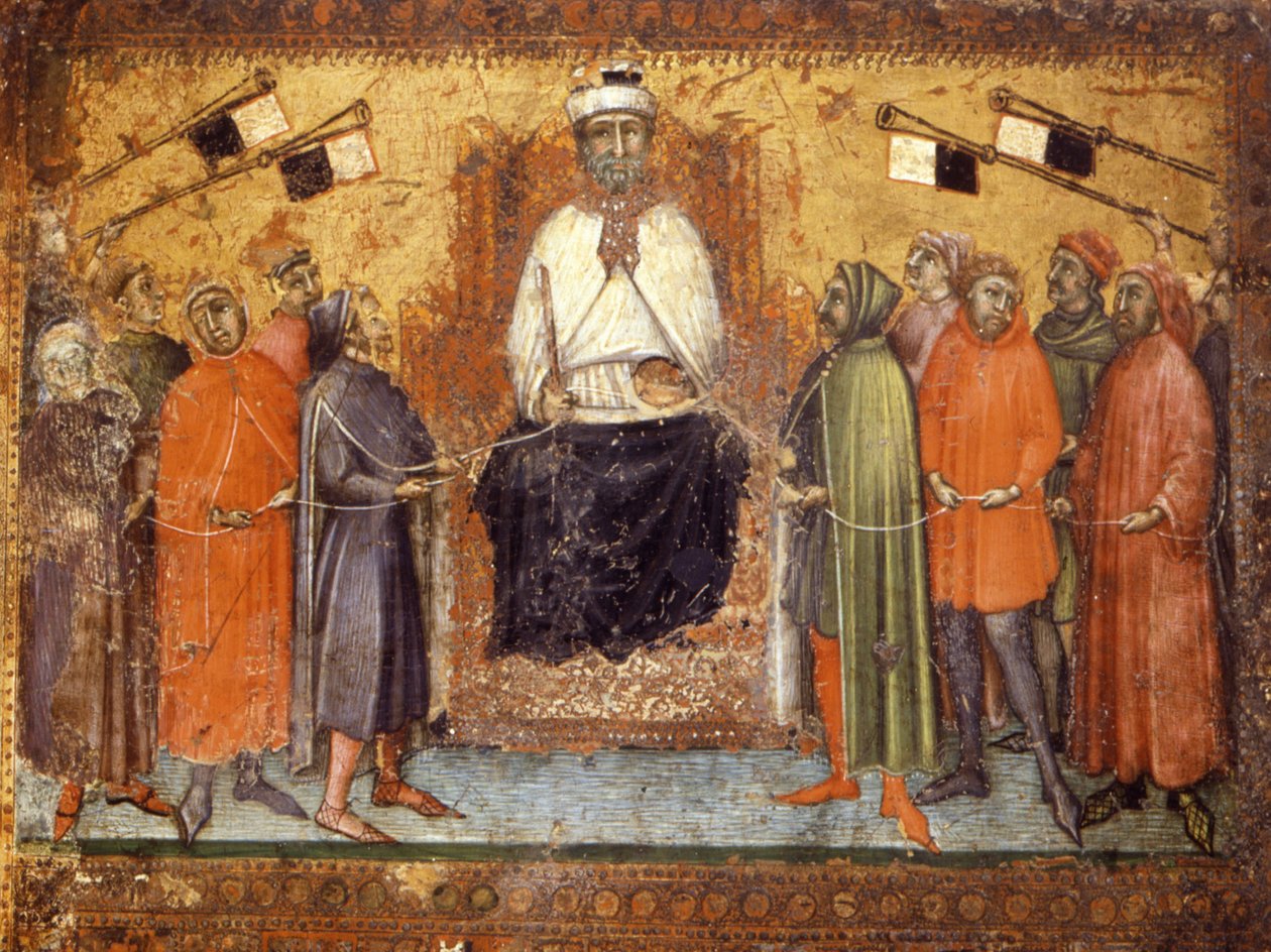 Den återställda regeringen håller medborgarna i en träns. Panel på trä från 1385. Riksarkivet, Siena. av Italian School