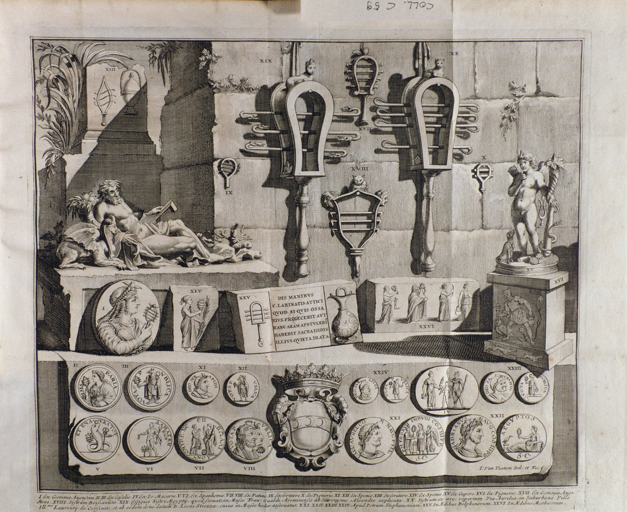 The sistrum (sistra), olika representationer från De sistrum av Benedictus Bacchinius (1651-1721) av Italian School