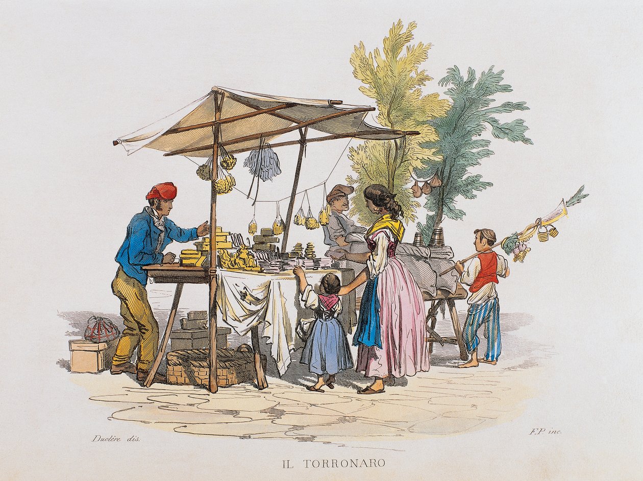 The torronaro (nougatförsäljare) (gravyr) av Italian School