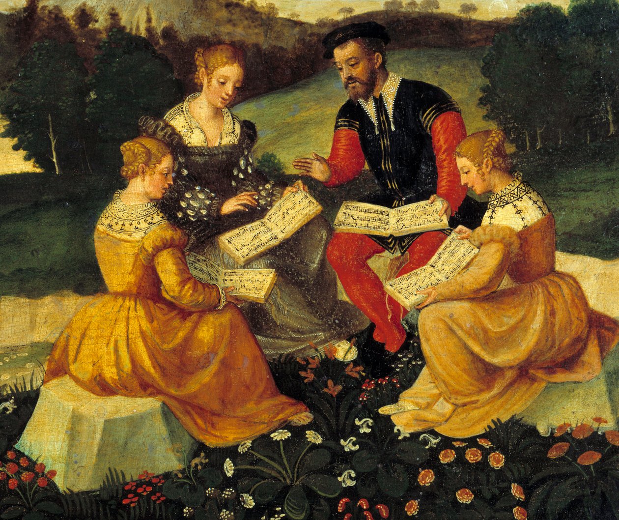 Vokalkonserten Painting of the Italian School. 1500-talet. Bourges, Hotel Lallemant - The Bucolic Concert. Målning av den italienska skolan. 1500-talet. Hotel Lallemant, Bourges, Frankrike av Italian School