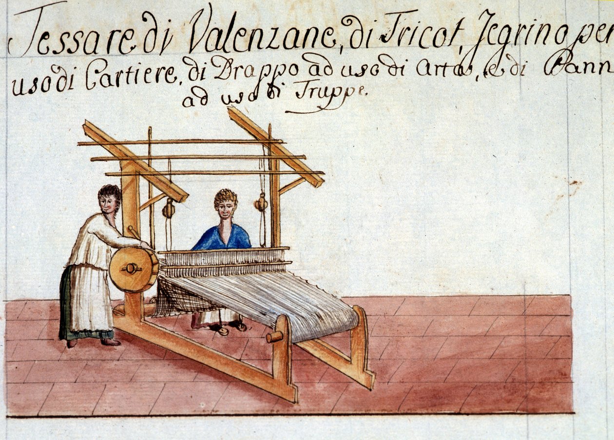 Vävning av ull. 1807 Milanos statsarkiv av Italian School