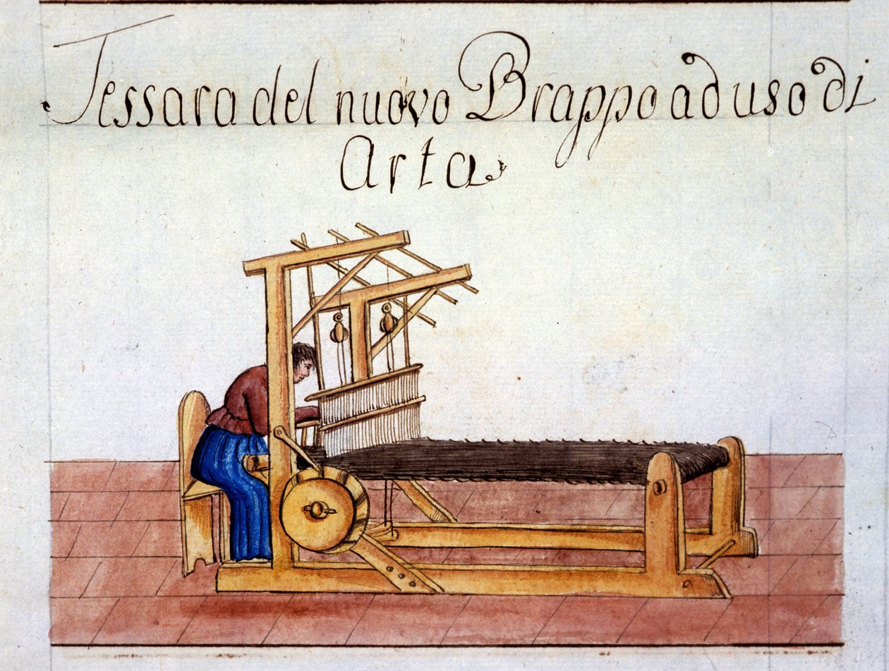 Vävning av ull. 1807. Milanos statsarkiv av Italian School