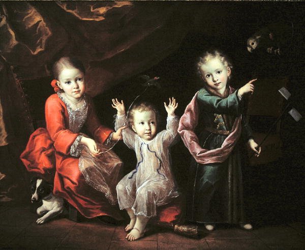 Tre barn i en interiör omgiven av sina husdjur, ca 1680 (olja på duk) av Italian School